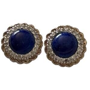 Panetta Faux Lapis Lazuli Glass Cabochon Rhinestone Gold Tone Pierced Earrings